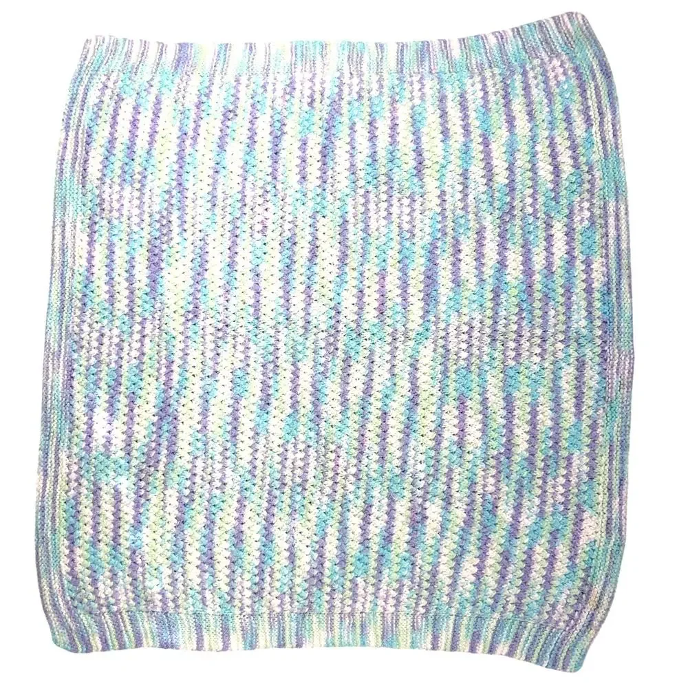 Vintage 1970s Hand Knit Baby Blanket Pastel Stripe 32x34